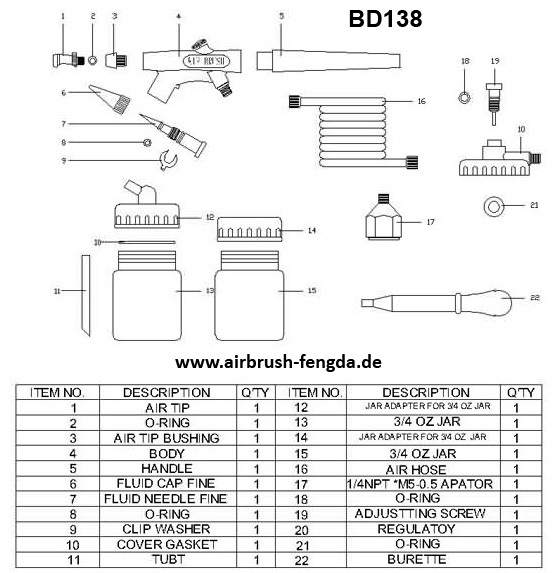 Schlauch+Adapter+Zubehör Komplett Set Düse0,8mm BD-138+Stecker Airbrush Pistole